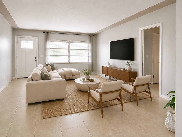 Front Living Room with a look into hallway to two bedrooms and one bathroom (staged with AI).