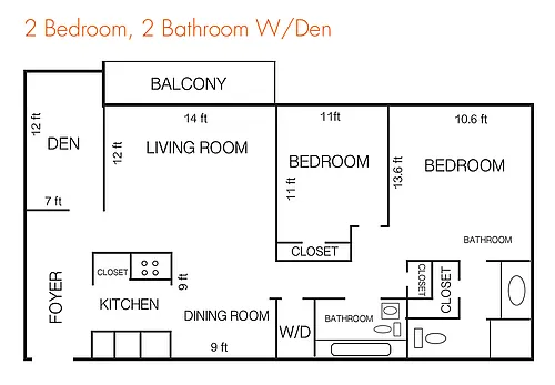 Floor plan 2 Bedroom 2 Bath with Den