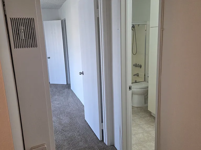 An example of a hallway between the kitchen area, bathroom area, into the bedroom.