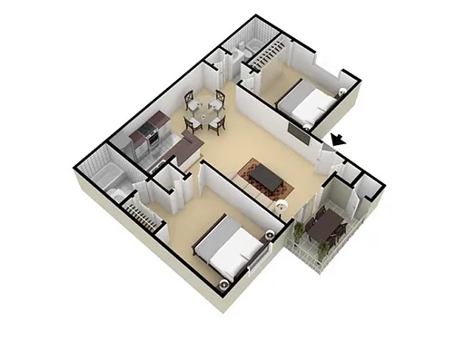 Floor plan 2 Bedroom Apartment with Washer and Dryer