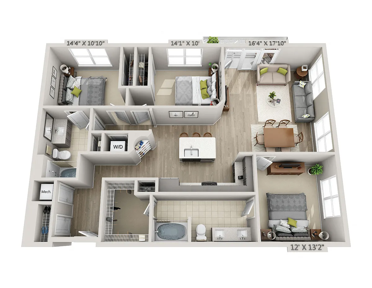 Floor plan D2 3 Bedroom 2 Bath