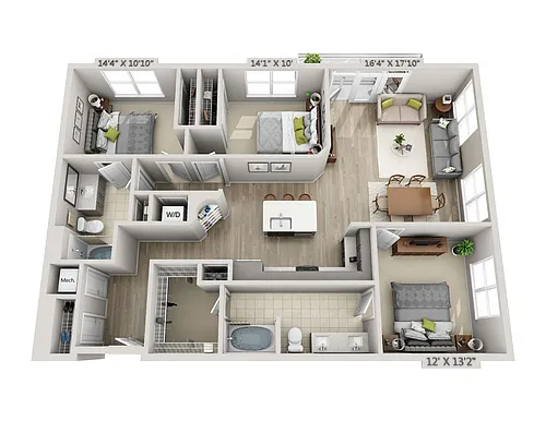 Floor plan D2 3 Bedroom 2 Bath