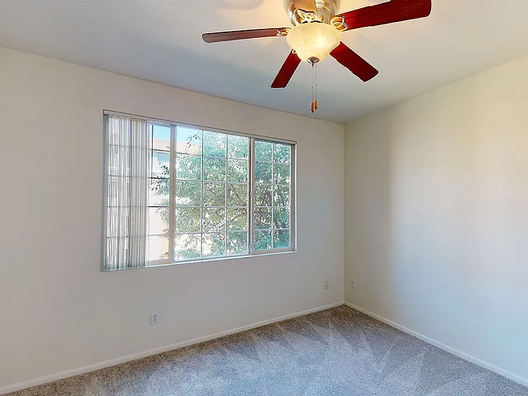 Spacious apartment bedroom with plush carpet flooring.