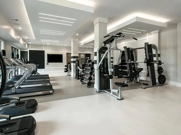 Fitness Room with Cardio Machines, Free Weights, and Streaming Screen