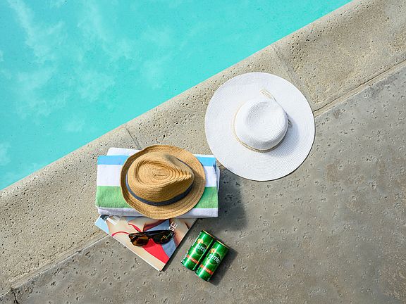 Mountain View Pool with sun accessories birds eye view