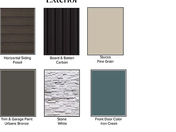 Exterior finish options including horizontal siding in Fossil, board and batten in Carbon, stucco in