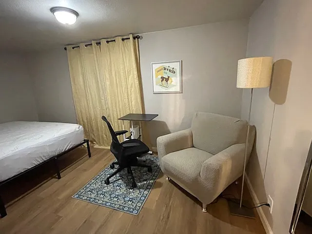 Yellow Bedroom 9'x15' (East side of the home). Full size, Medium firmness BeautyRest Mattress.