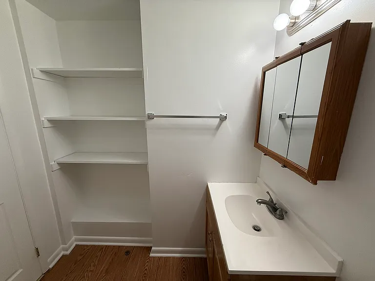Built-in shelves in hallway full bathroom.