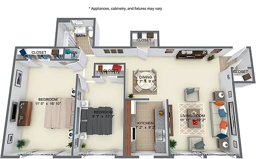 Floor plan 2 Bedroom 1 Bathroom - 825 SqFt