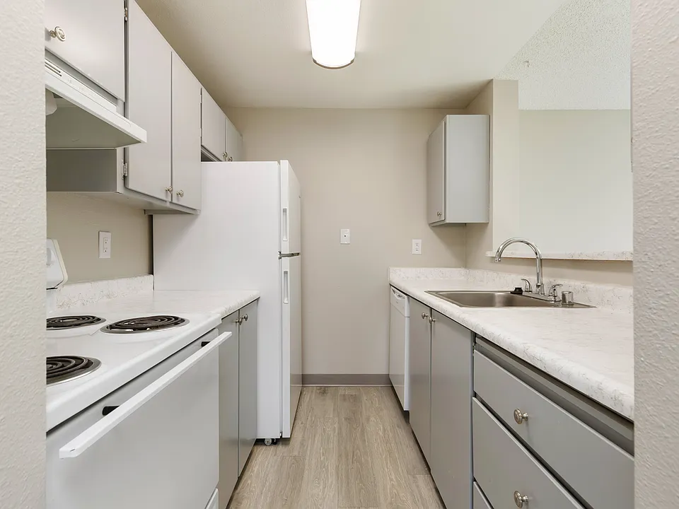 Galley style kitchen with full sized white appliances