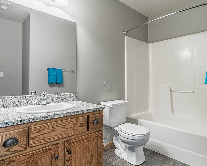 Bathrooms in our upgraded homes included updated an updated cabinet, shower, flooring, and more!