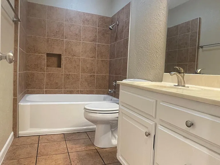 Full Hall Bathroom with Ceiling to Wall Linen Closet on left wall (=1st door to right)