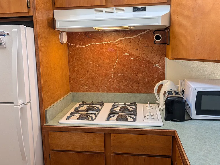 Full-sized refrigerator and range, plus microwave, dishwasher, toaster and hotpot. All plates, silverware, and glassware provided