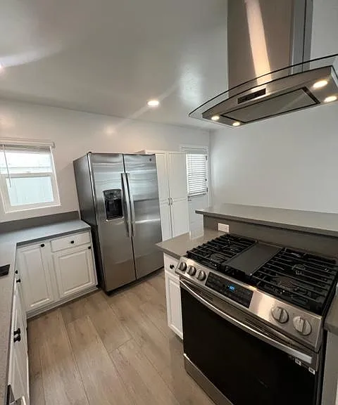 Professional gas stove with hanging contemporary hood