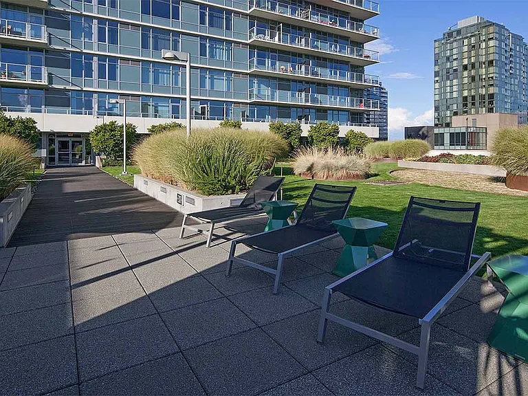 Apartment community eco terrace at Griffis South Waterfront in Portland, Oregon.