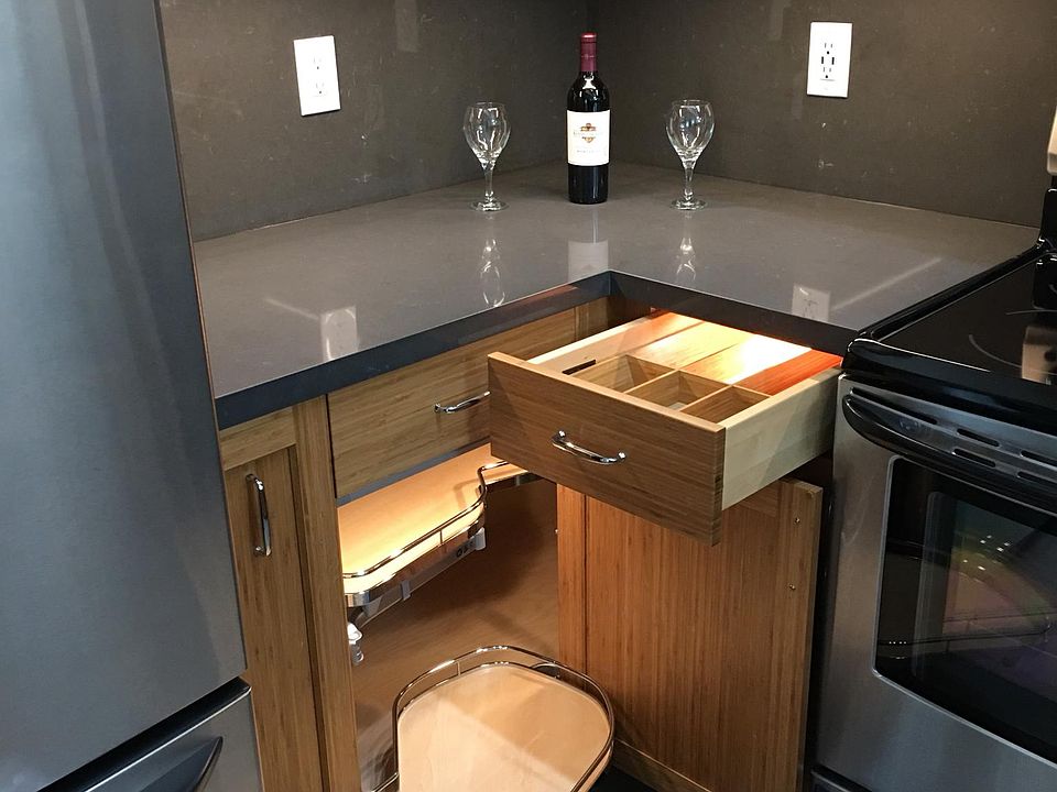 New soft-close & lighted bamboo cabinets