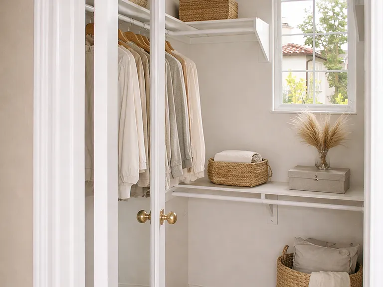 Walk in closet in master bedroom with built in shelving and natural light and mirror