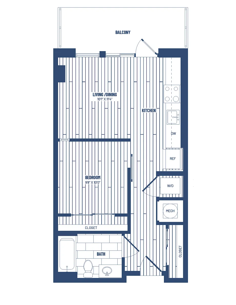 Floor plan 1 Bed/1 Bath Junior-HJR1B-Balcony