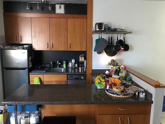Fully equipped kitchen with refrigerator, gas range, dishwasher, and combination oven, and ample storage space.