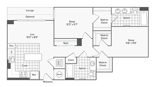 Floor plan 1 BR X 2 BA with Den