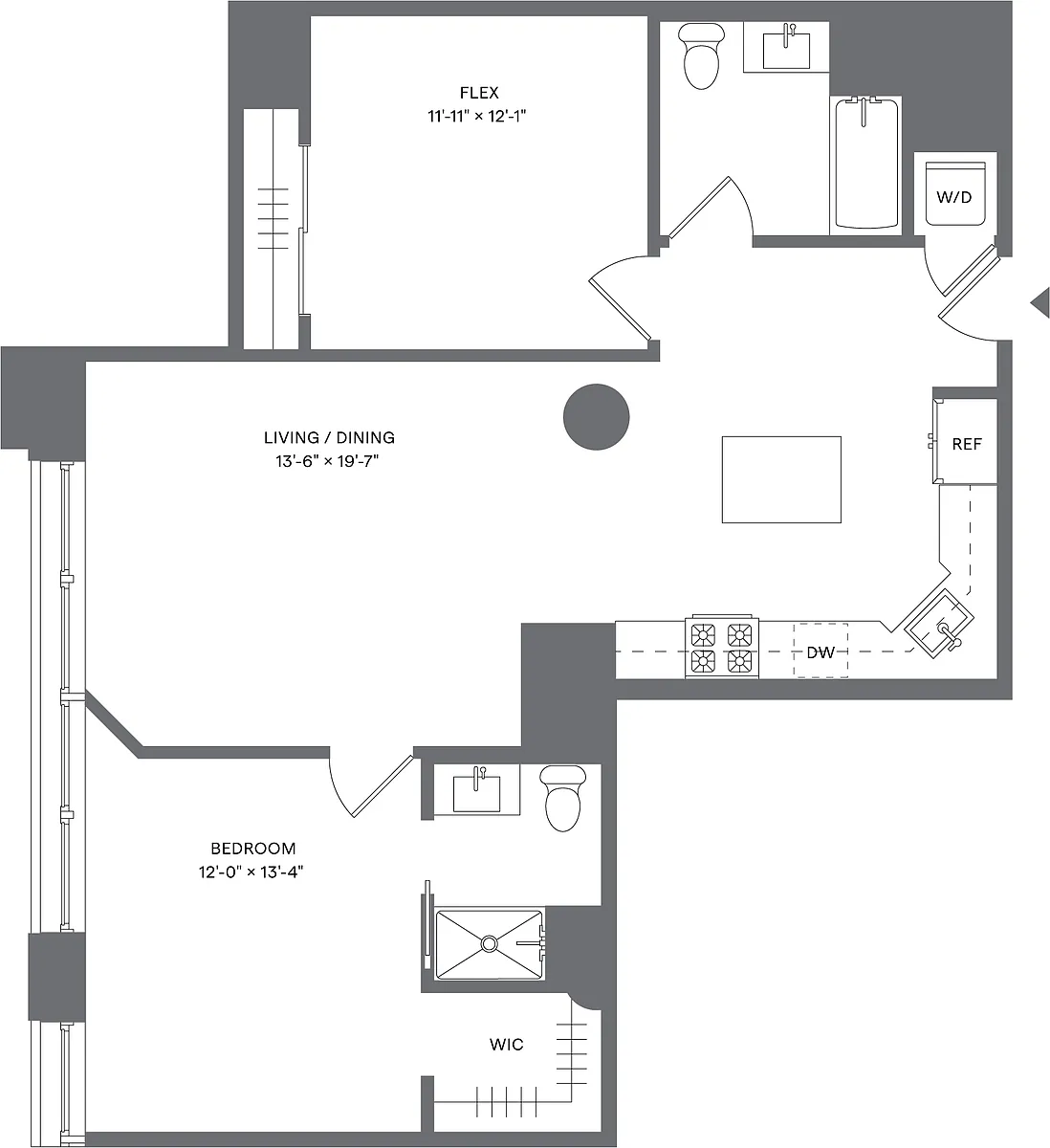 Floor plan 1 Bed+1Flex/2 Bath_A1D