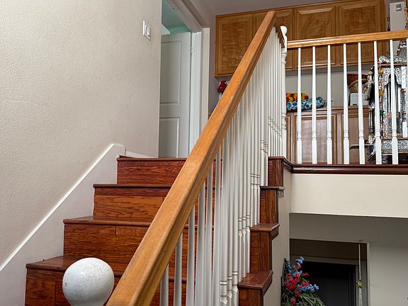 Wooden stairs going up.