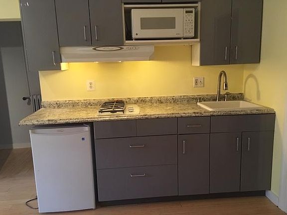 Kitchen with under-the-counter fridge, 2-burner gas cooktop, microwave and toaster oven. A second, full refrigerator located in adjacent boiler room. Note closely: no full oven, no dishwasher.