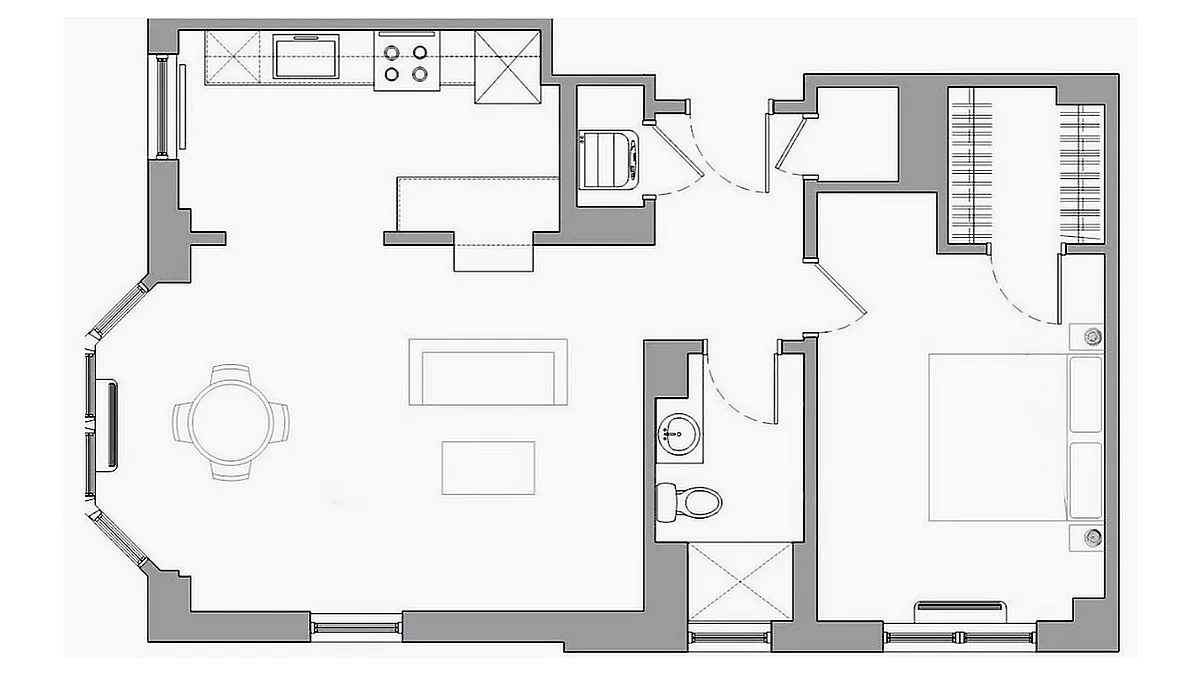 Floor plan One Bedroom Corner w/Breakfast Bar