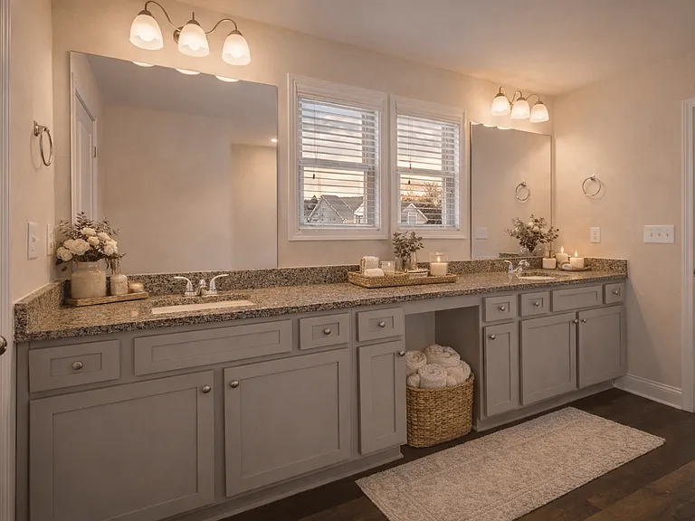 Elegant en suite with a double vanity off the primary bedroom.