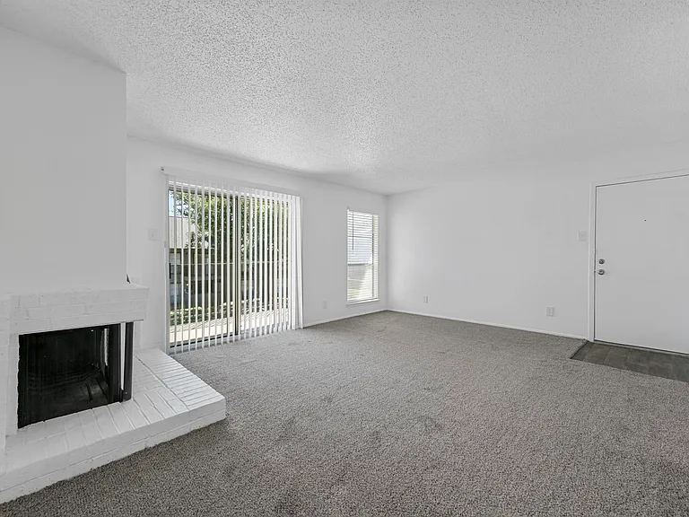 Spacious open floor plan with access to kitchen and fireplace with sliding door