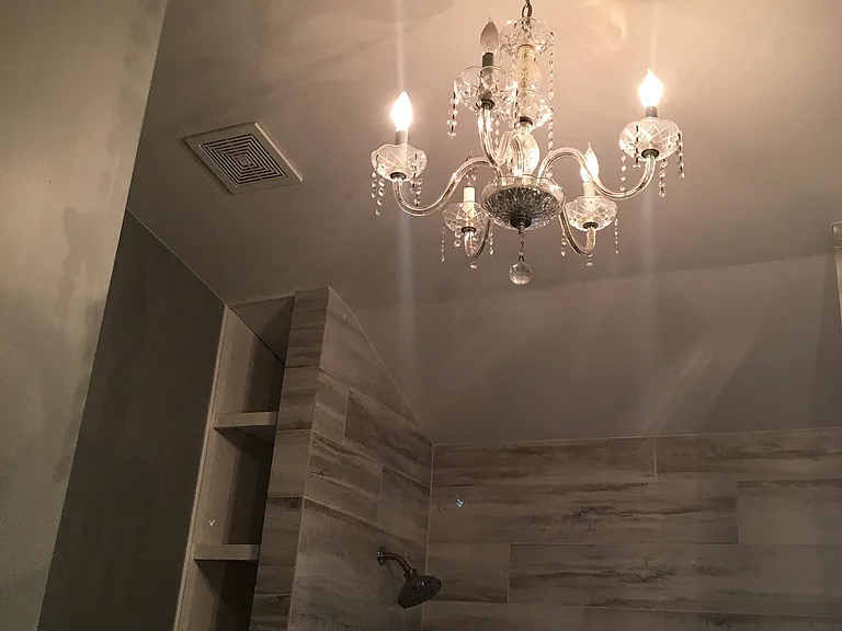 Bathroom ceiling, light and storage shelves