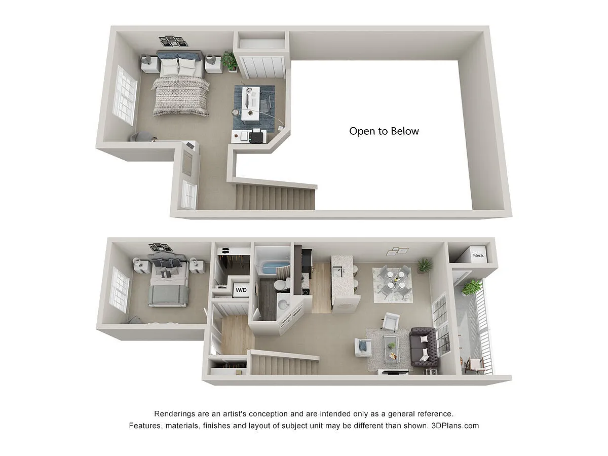 Floor plan Two Bedroom, One Bath Loft (B1