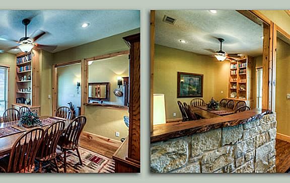 Custom knotty pine trim, base and crown as well as stunning built ins through out the home. Limestone walls with hewn tree trunk counters and knotty pine ceilings with hand scraped wood floors embrace you with their rugged beauty.