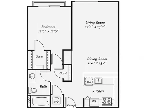 Floor plan 1 Bedroom, 1 Bathroom A2