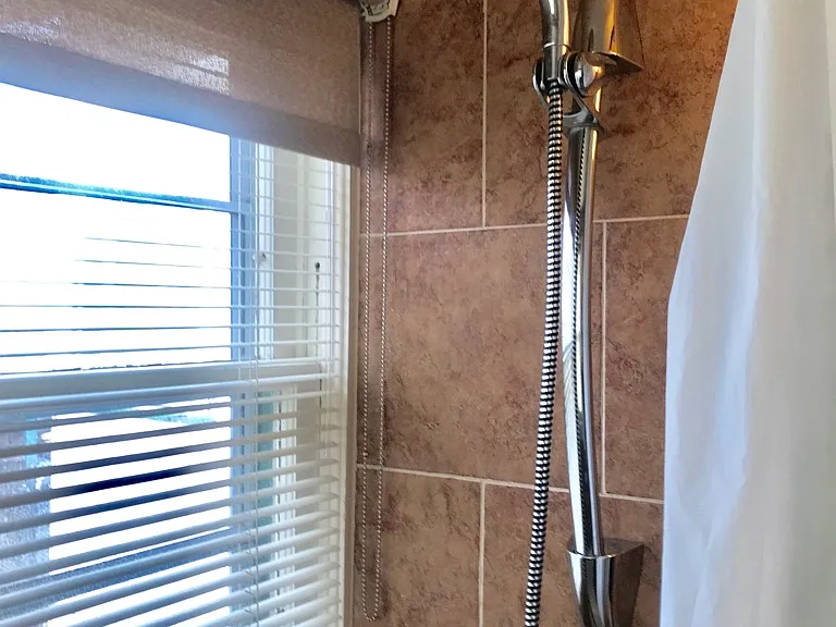Shower and windows out to the "secret garden patio" in back