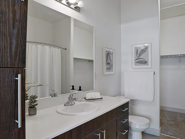 Modern bathroom vanity with clean finishes and convenient storage.