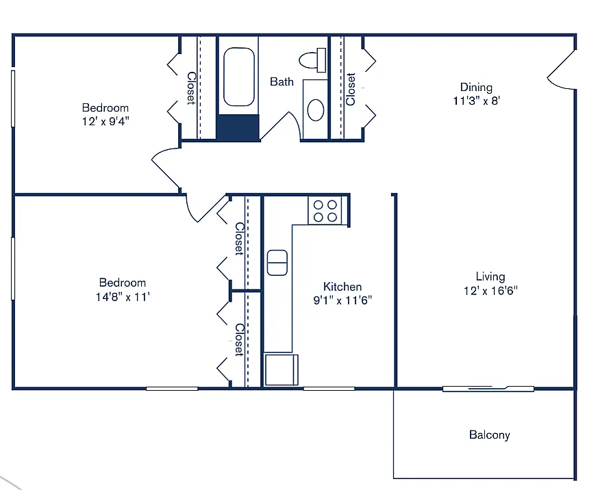 Floor plan 2 Bedroom, 1 Bath (887 sqft.)