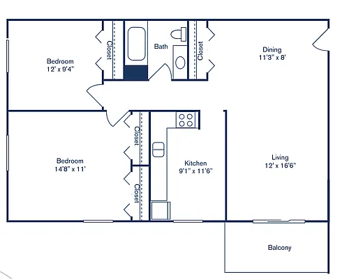 Floor plan 2 Bedroom, 1 Bath (887 sqft.)