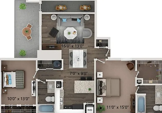 Two bedroom - two bathroom floor plan with full size washer and dryer connections. Ground floor homes offer wood plank style flooring all through out. Second floor homes offer carpet in the bedroom's and closets. Two bedroom - two bathroom floor plan with