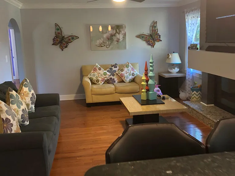 Family room with wood fireplace