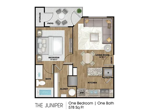Floor plan 1 Bed, 1 Bath A (75% Income Restricted)