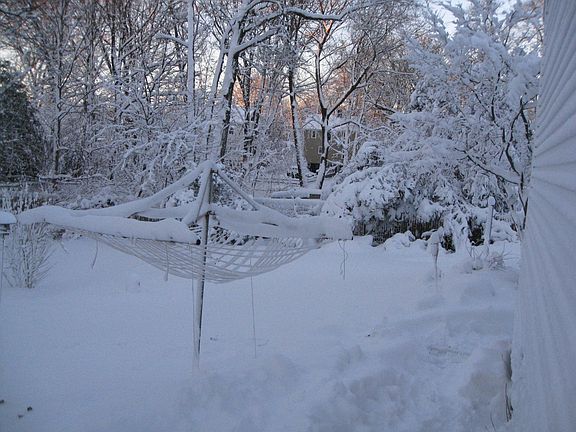 Eco-friendly laundry line full of snow discretely behind garage ~Jan. 15, 2011