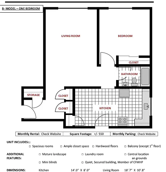 Our Model B - 1 bedroom, available only on the ground floor, has a cozy eat in kitchen with a large in suite storage closet