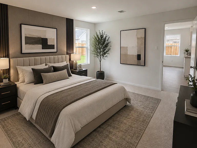Large primary suite with contemporary finishes and a bright open atmosphere