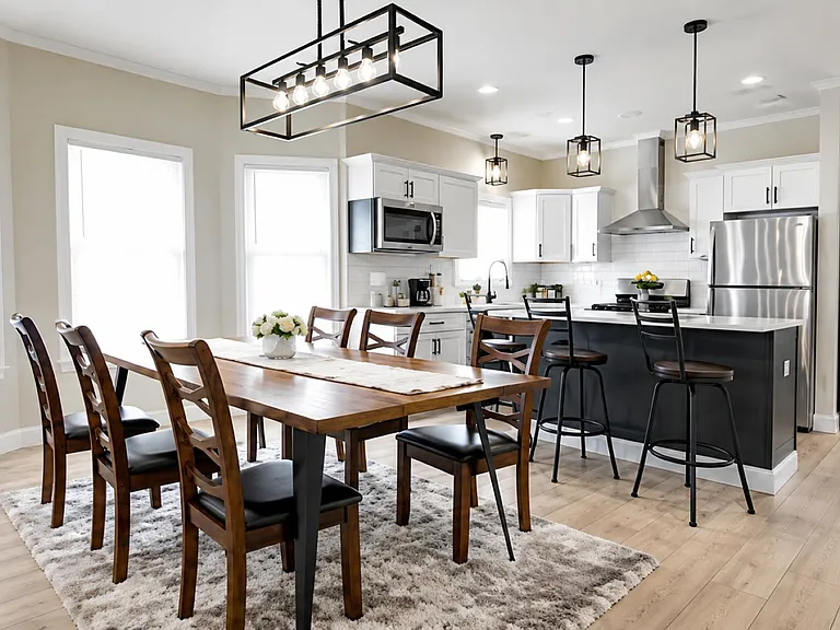 Open kitchen with large island seating, stainless appliances, and adjacent dining area framed by tall windows.