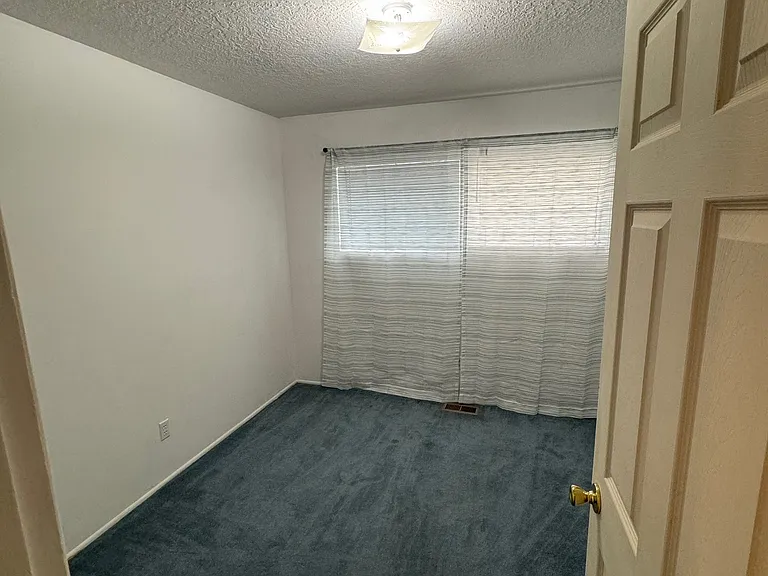 Rear bedroom, full closet, storage shelf with large doors.