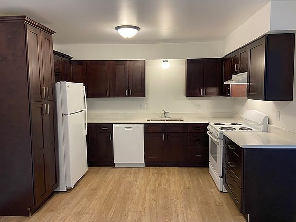 Custom cabinetry with built in pantry, quarts countertops and a dishwasher.