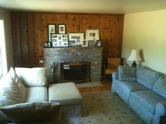 Sunny living room with wood-burnign fireplace