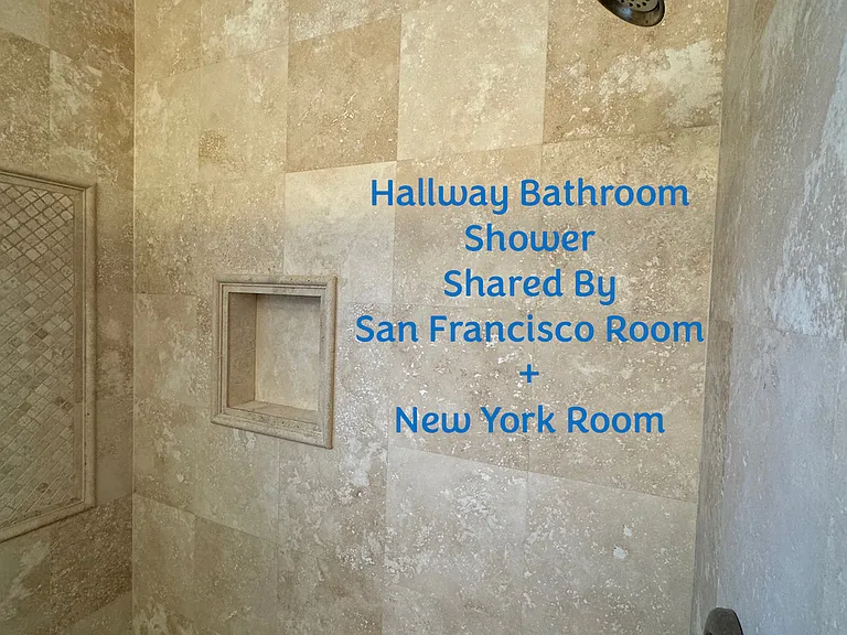 The hallway bathroom has a spacious stand up shower in it. Again, the hallway bathroom is shared by rental Room 1 - San Francisco Room and rental Room 2 - New York Room.