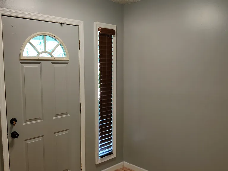 Front door with jacket closet, led light solid wood floor and tall skinny window with upgraded blinds (lift up or pull down by hand and look like wood/are wider/thicker)